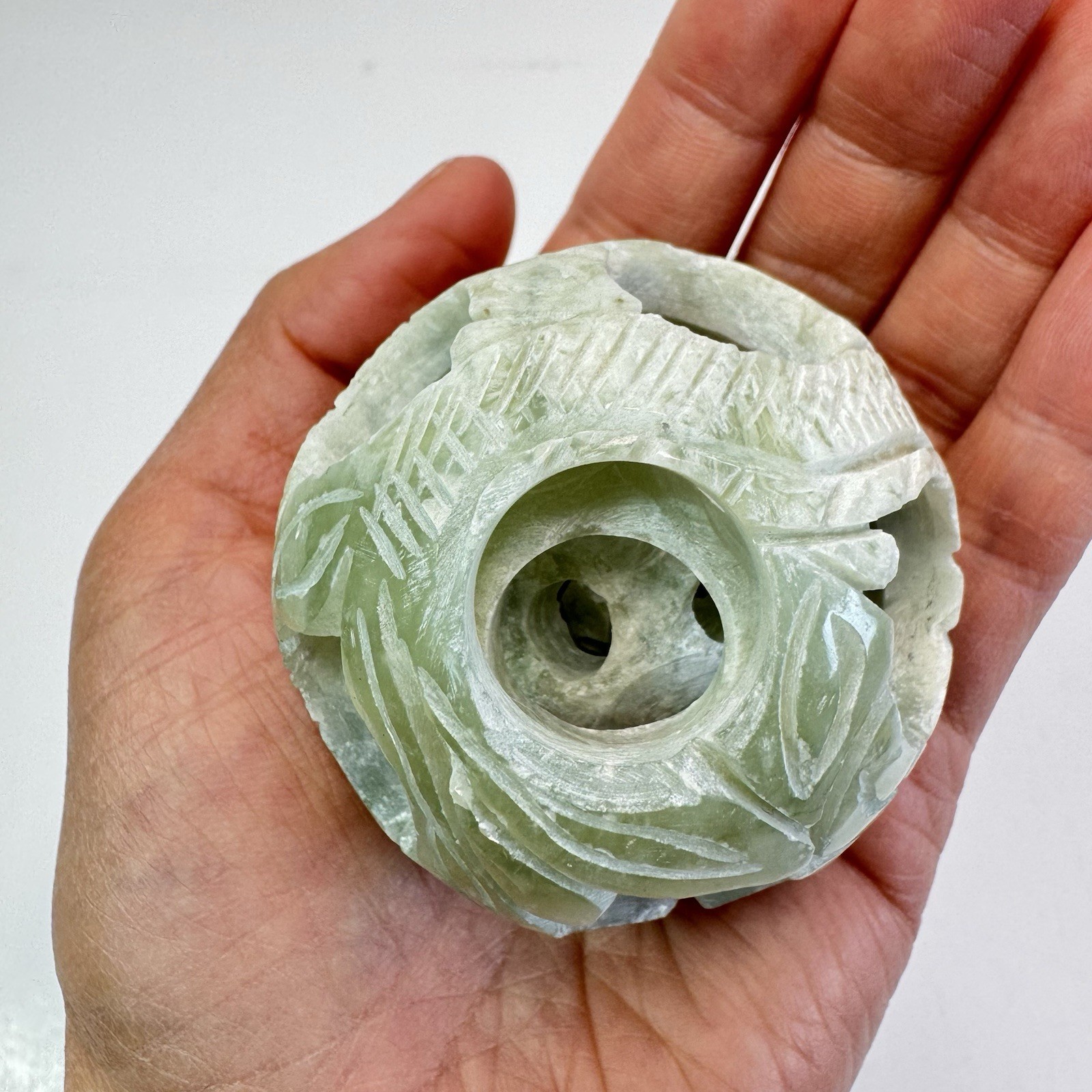Vintage Chinese Carved Jade Stone Puzzle Ball Sphere 4-Layers Deep 2”