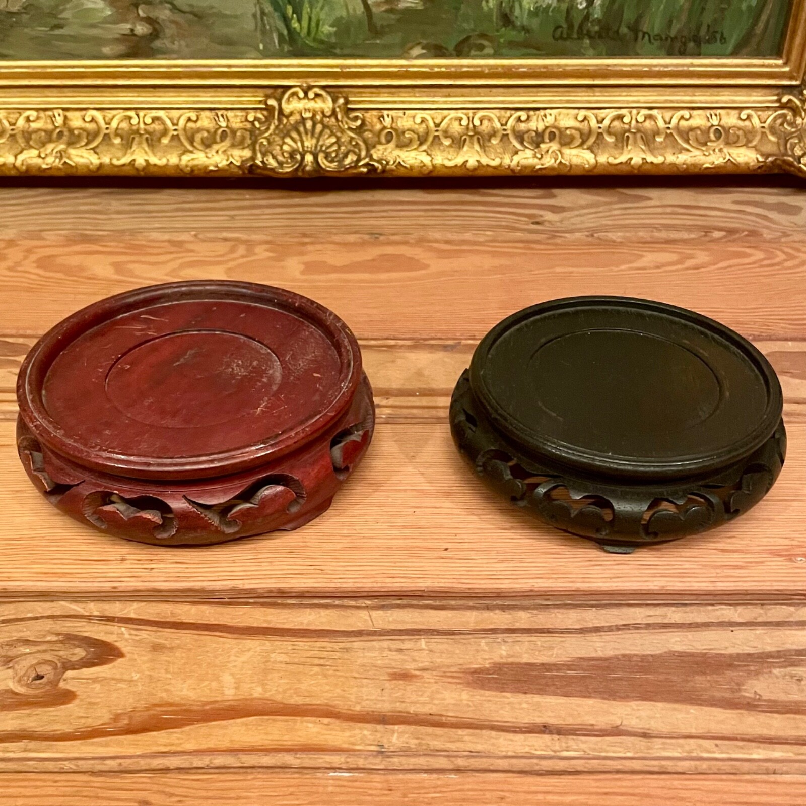 Lot Of 2 Large Chinese Wooden Stands Inside 1 @ 3.75″ – 1 @ 4″