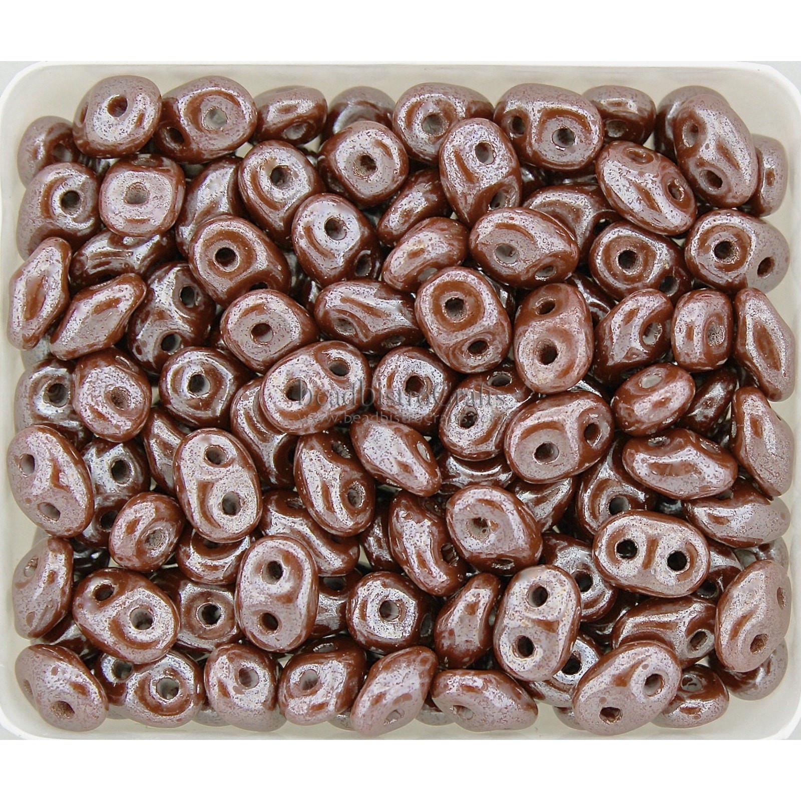 Czech SuperDuo 2-Hole Beads, Opaque Umber WHITE LUSTER 2.5x5mm ~ 20 Grams