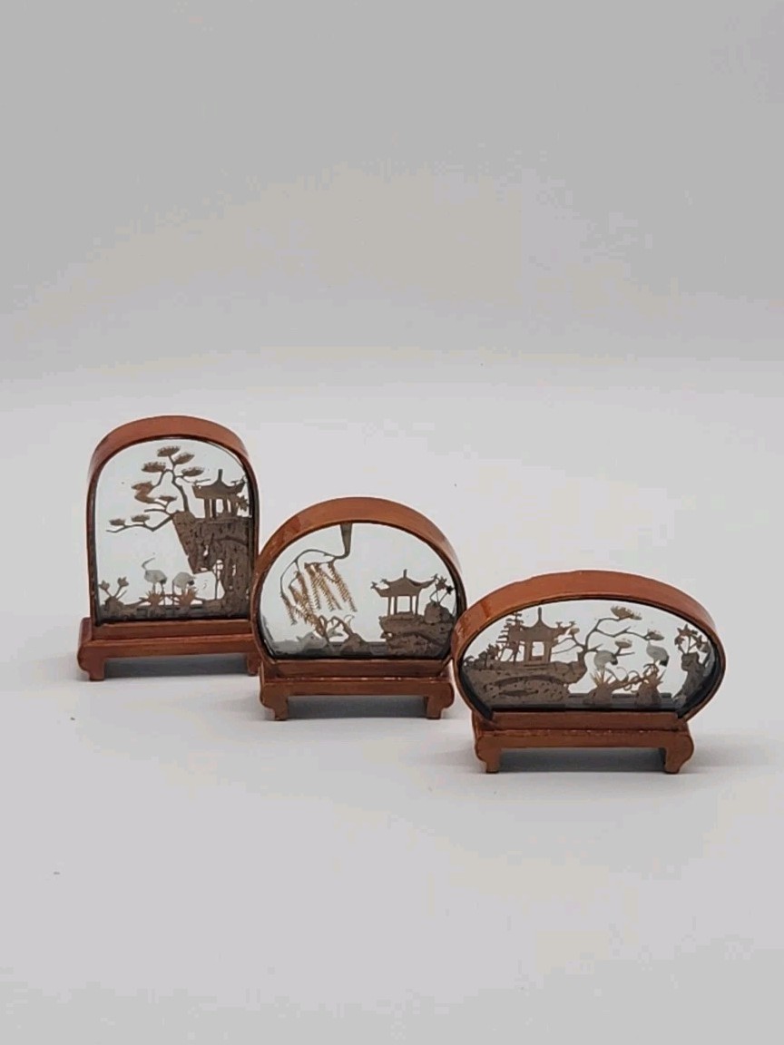 3 VTG Chinese Oriental Asian CORK Carving DIORAMA Art 3D Cranes Shadow Box Panda