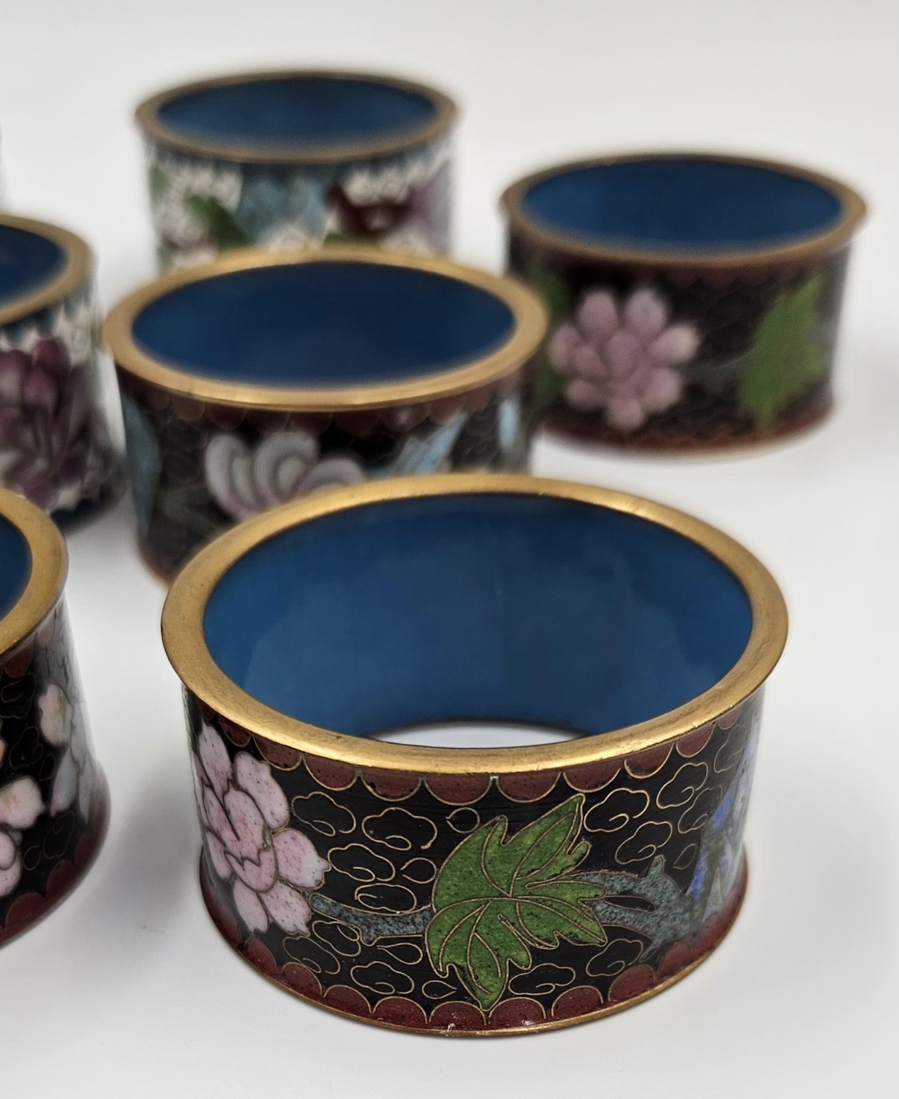 8 Vintage Chinese Cloisonne Napkin Ring Multicolored Enameled