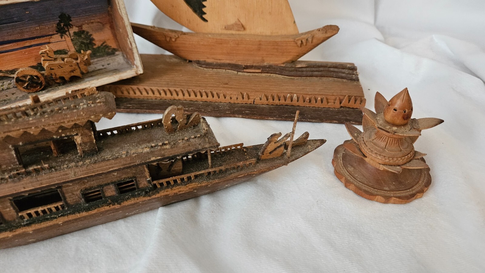 Vintage Chinese Wood Carvings and Folk Art – Boats, Shadowbox Wagons