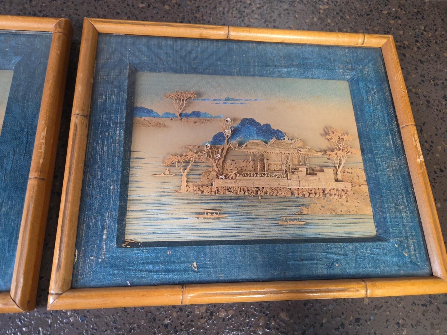Set of 2 Vintage Asian Cork Art Diorama 3D Shadow Box Wall Art-see Photos