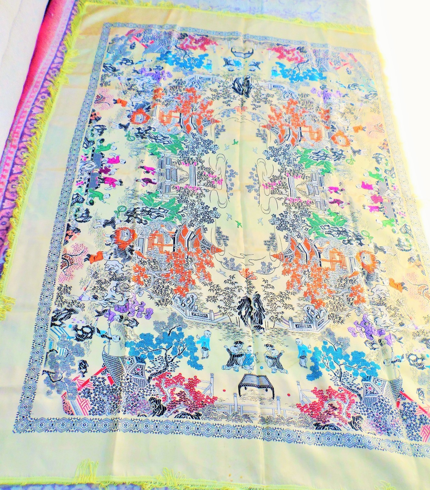 VTG CHINESE SILK BROCADE TABLECLOTH PIANO SCARF ASIAN VILLAGE CELEBRATION 74X56