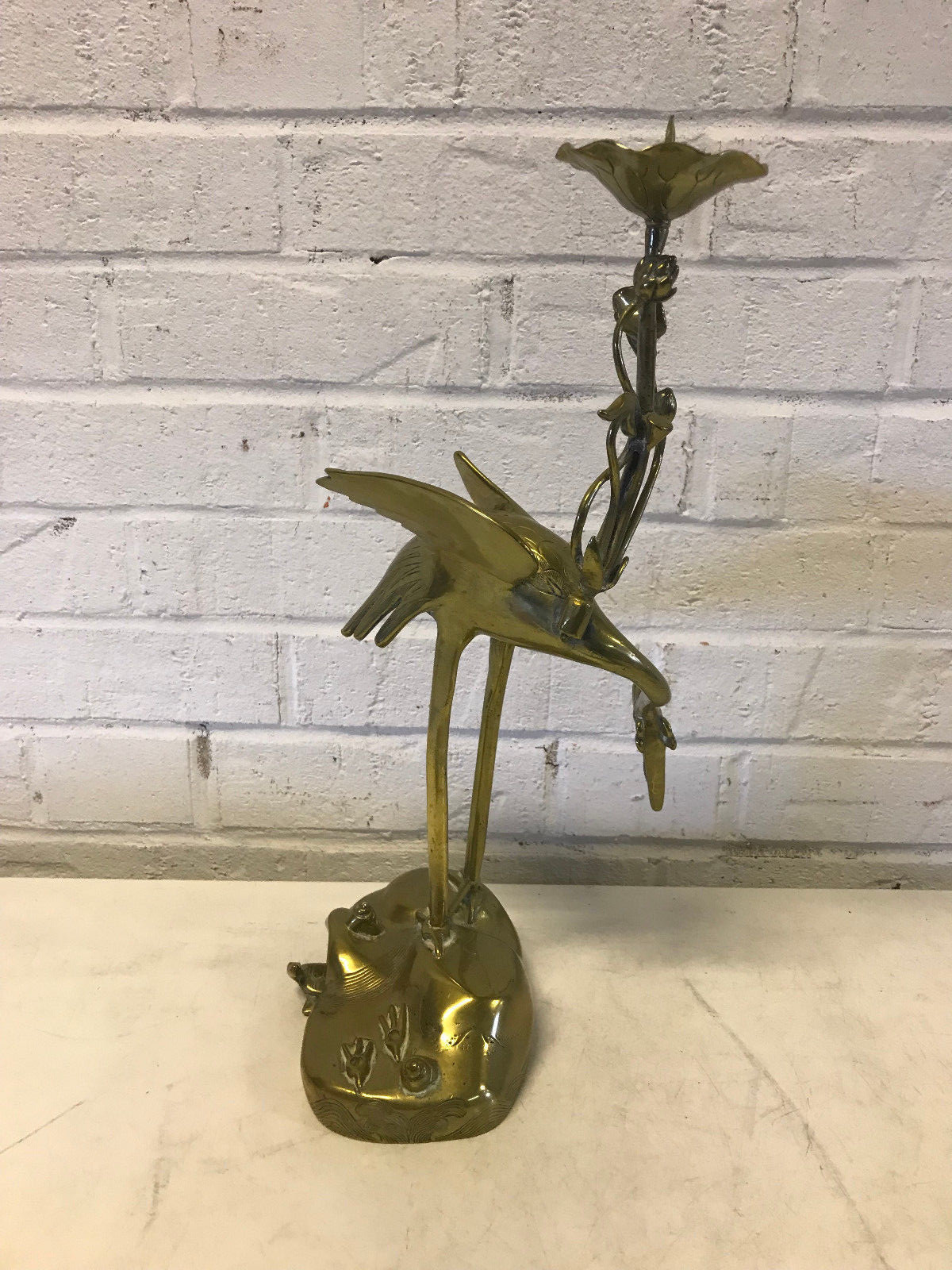 Vintage Possibly Antique Chinese Brass Candle Holder w/ Crane Flower & Turtle