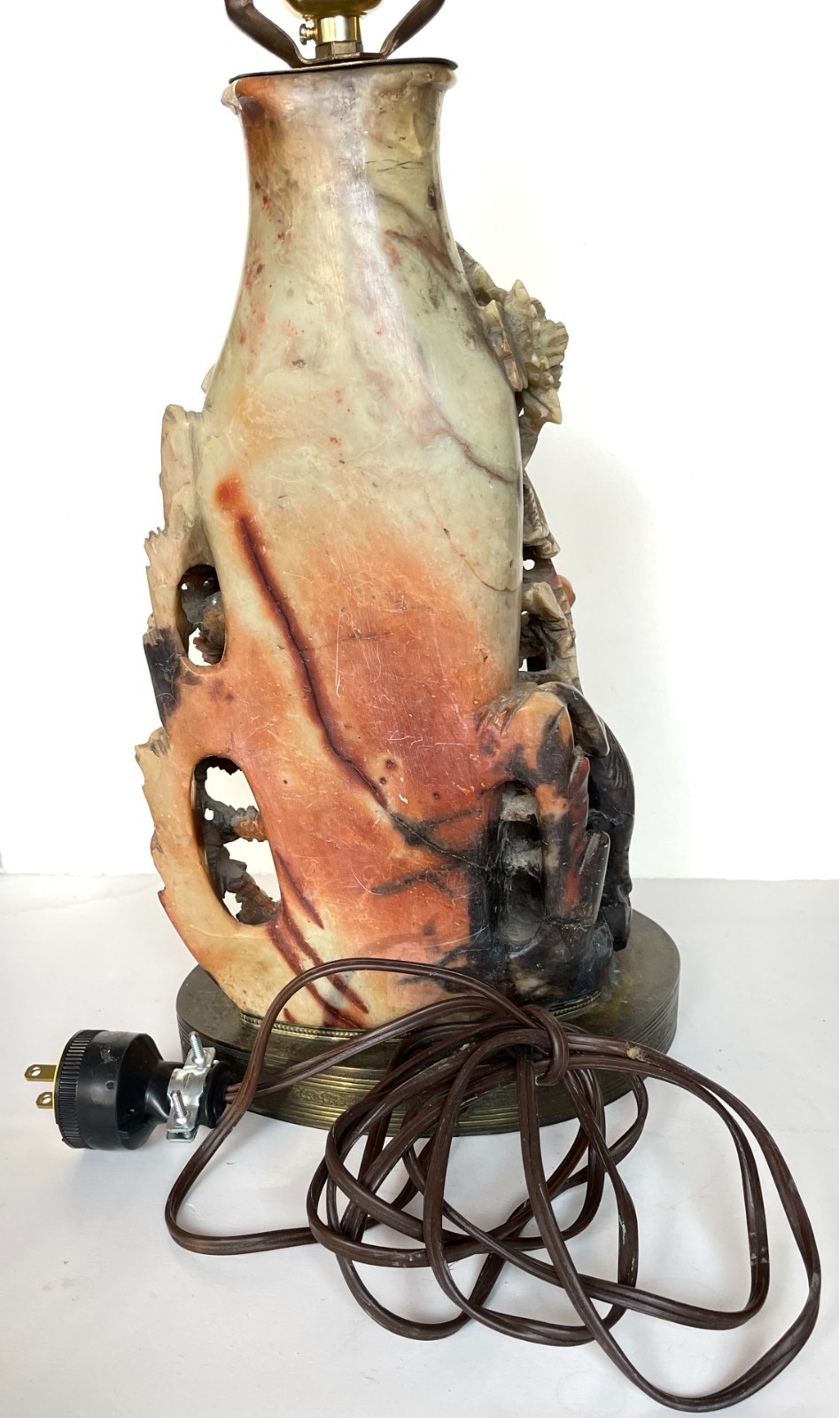 Chinese Soapstone Lamp Carved Bird Paradise Monkey Flowers Antique