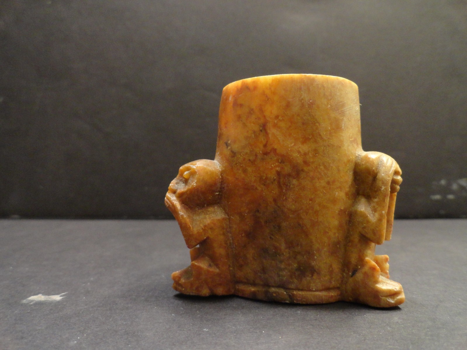 Antique Soapstone Carved Toothpick Holder Cup 3 Monkey See, Hear ,Speak no Evil