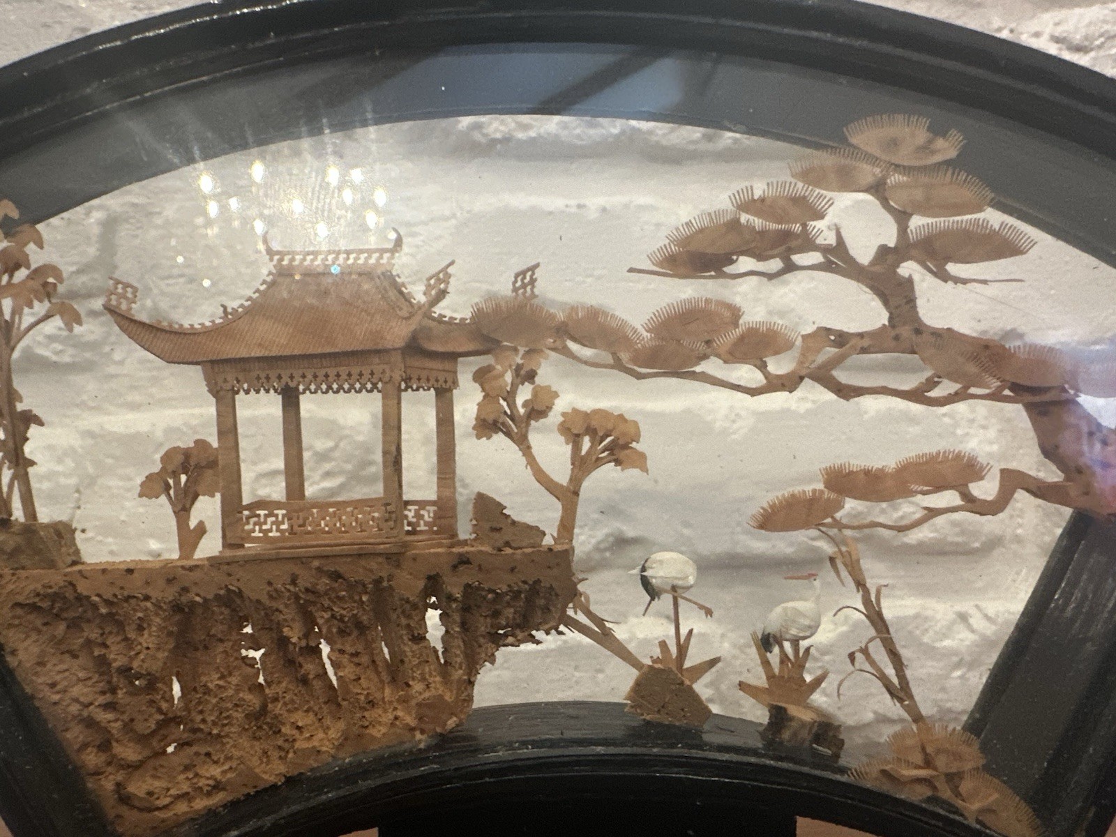 VINTAGE CHINESE SAN YOU DIORAMA CORK CARVING GLASS CASE PAGODA TREES & CRANES.