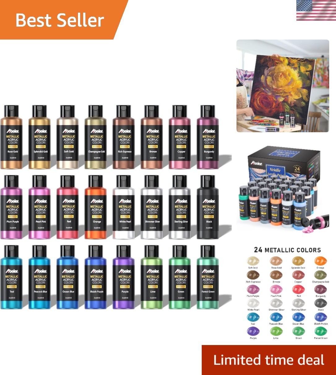 2oz Metallic Acrylic Paint Set of 24 – Waterproof, Quick-Drying for Artists