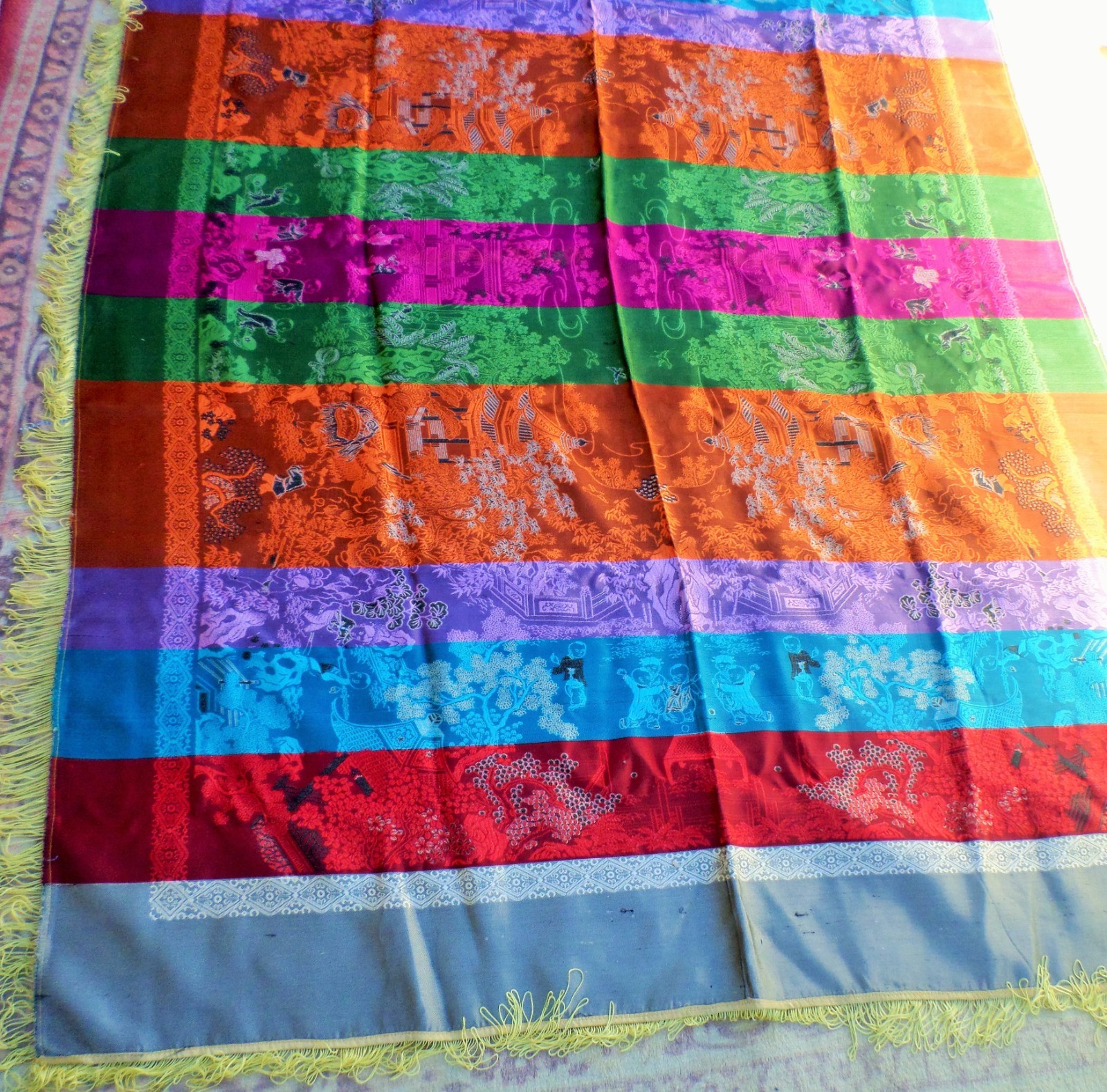 VTG CHINESE SILK BROCADE TABLECLOTH PIANO SCARF ASIAN VILLAGE CELEBRATION 74X56