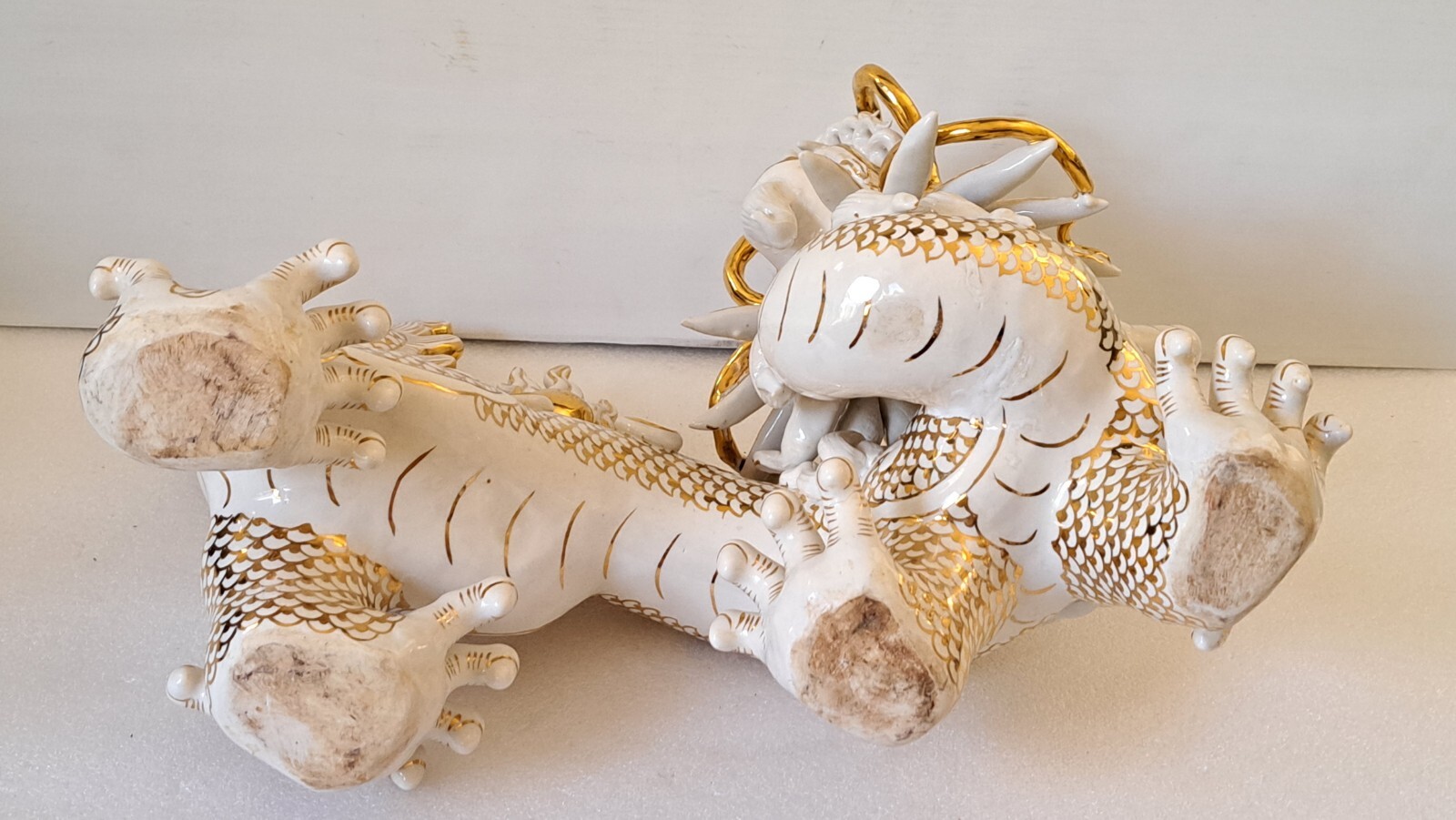 Vintage White/Gold Ceramic Dragon Feng Shui Sculpture 1950s Chinese Zodiac Décor