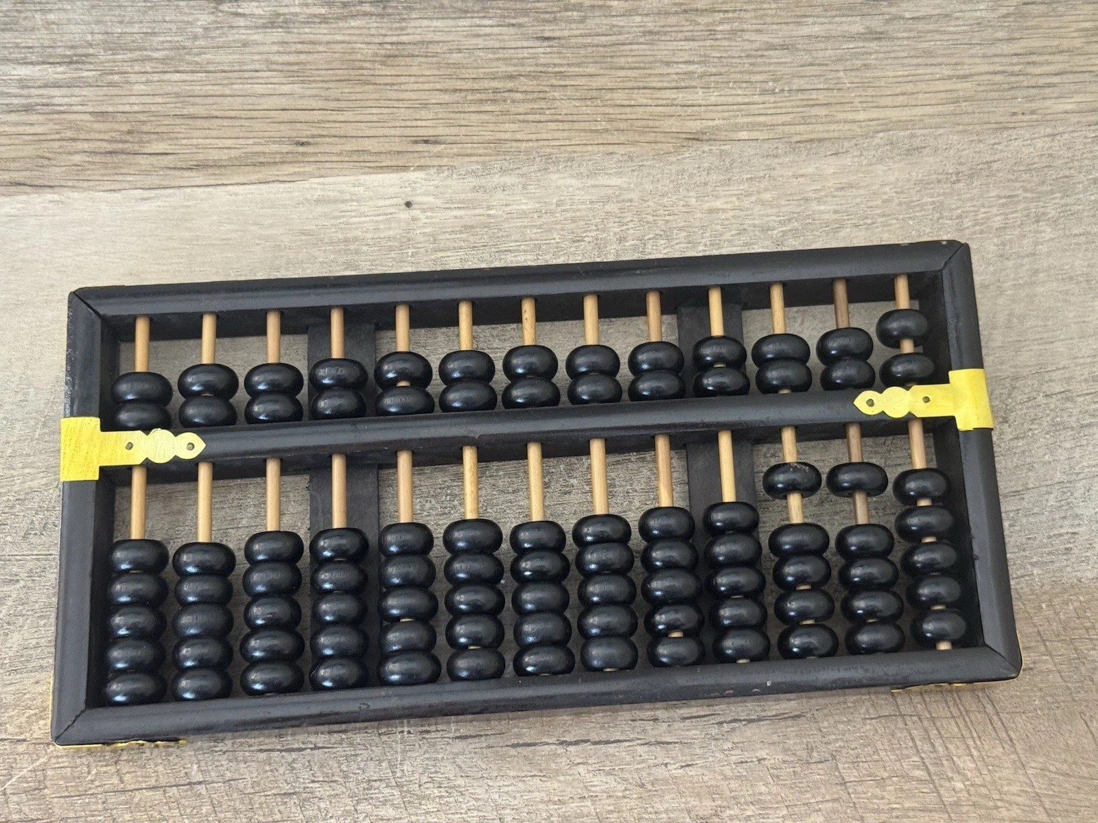 Chinese Abacus 13 Row 91 Bead Wood & Brass Lotus Flower Brand Vintage