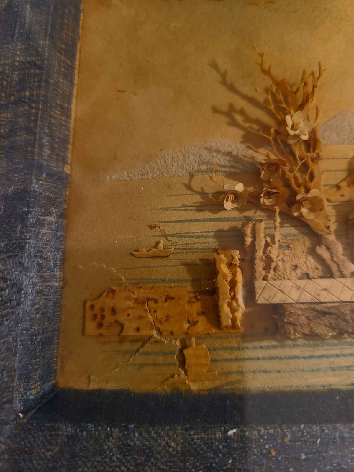 Vtg Chinese Hand Carved Cork Diorama Under Glass Frame Artwork 8.5×6.5″