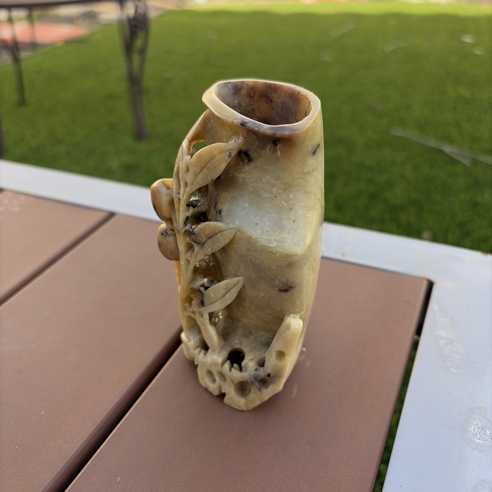 Vintage Chinese Soap Stone Carved Flowers in Sculptured Vase 4 1/2 Inches
