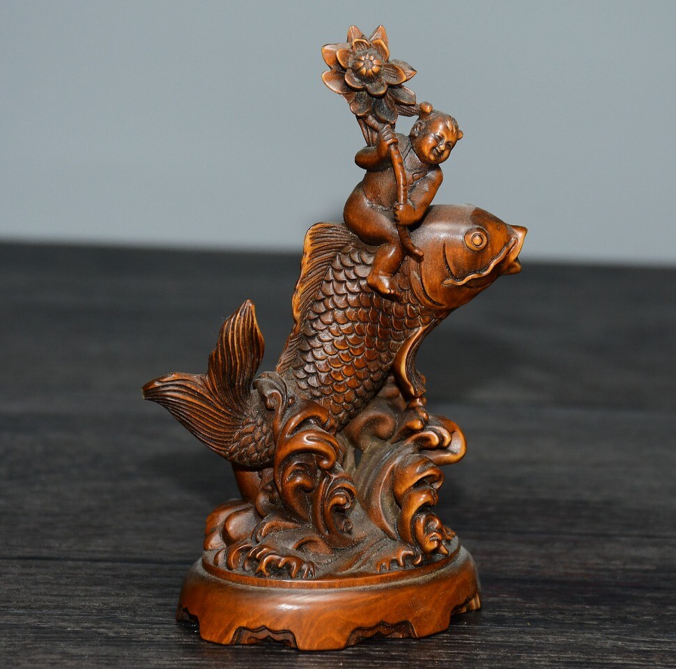 4.5″ Collect Chinese Box-wood Carving Boy Ride Goldfish Statue