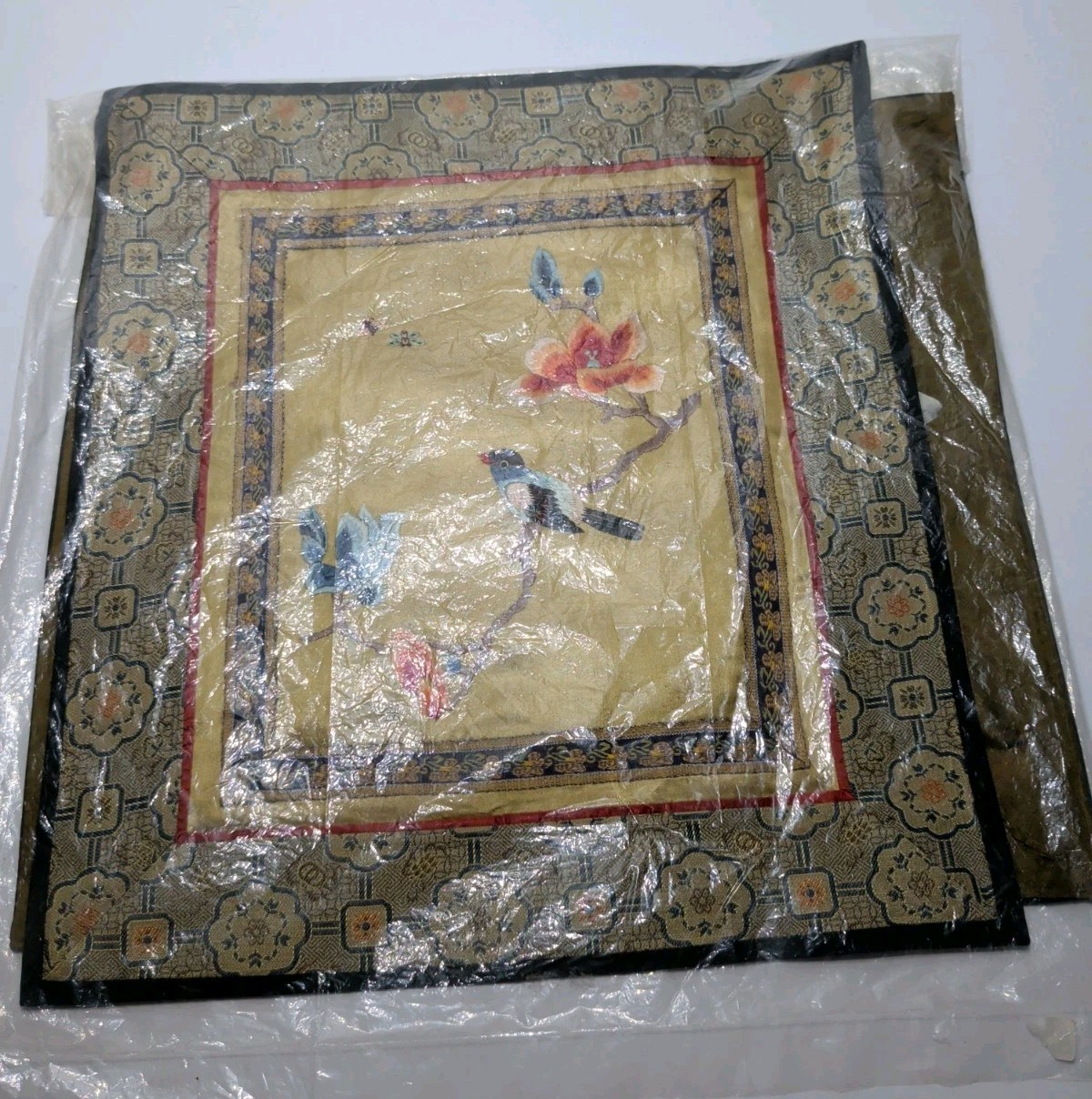 ✨VINTAGE✨ Set Of 2 CHINA SILK EMBROIDERED PANELS BIRD BUTTERFLY & Flower SQUARE