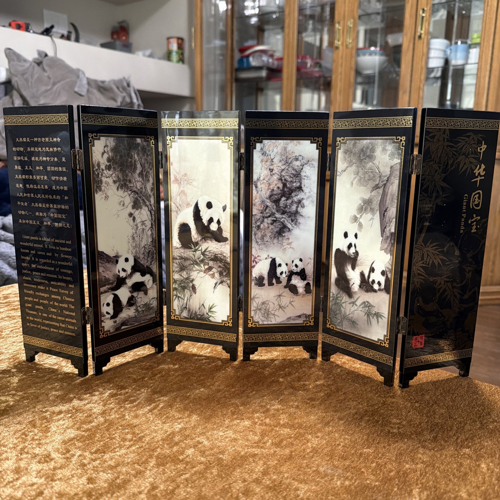 An Imitation Of An Ancient Small Screen 6 Folding Lacquered Panels Giant Pandas