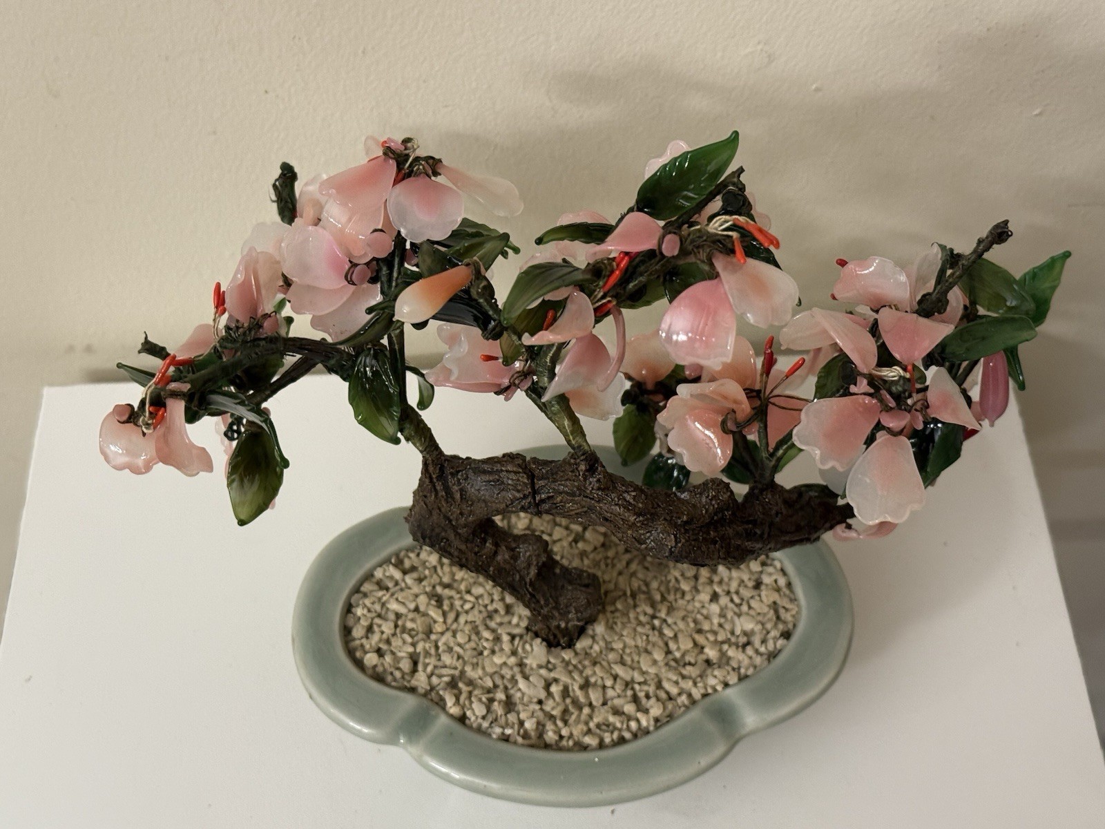 Vtg Asian Jade Glass Flowering Pink Cherry Blossom Bonsai Tree Ceramic Pot 8×9”