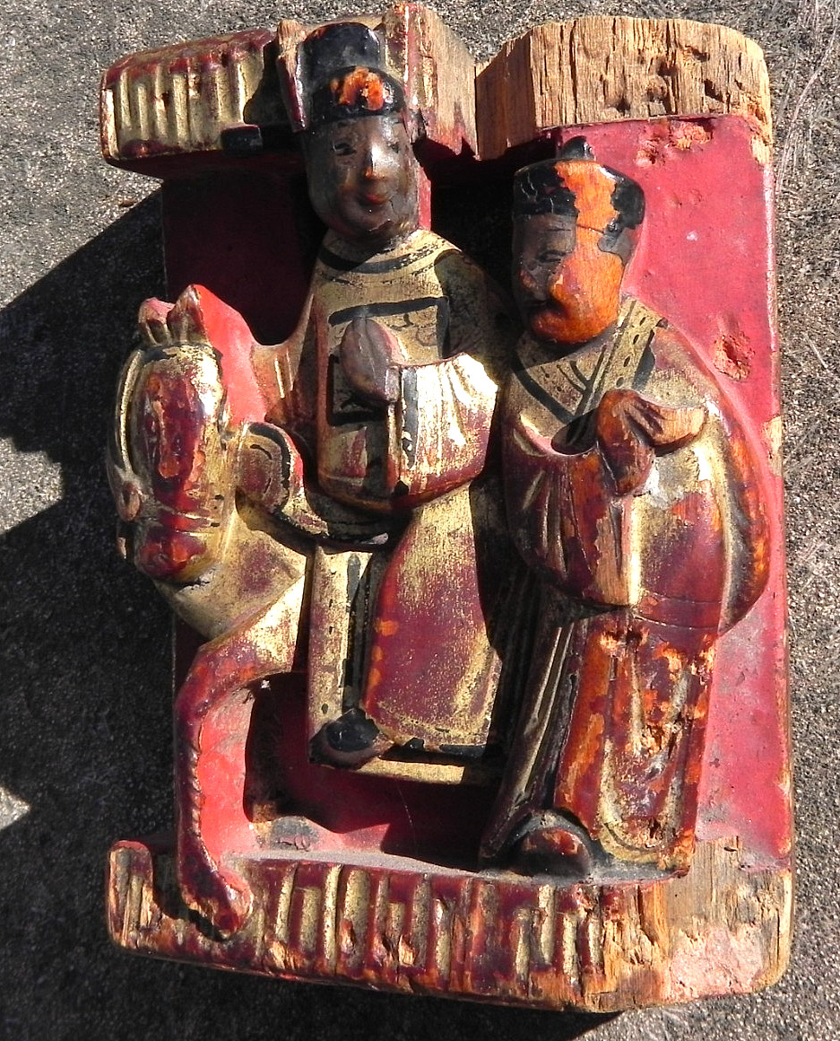 Antique Chinese painted wood carving figures and horse gold and red paint