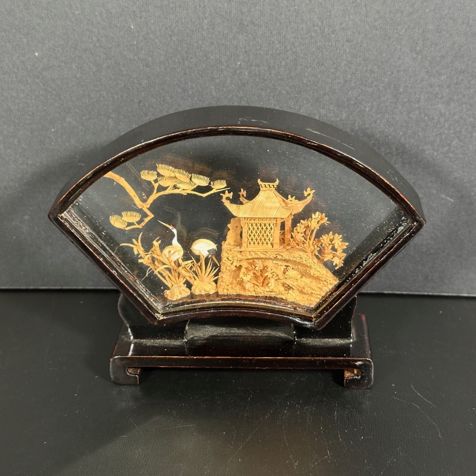 VTG Chinese Hand Carved 3D CORK ART DIORAMA San You Landscape Fan Shaped Frame