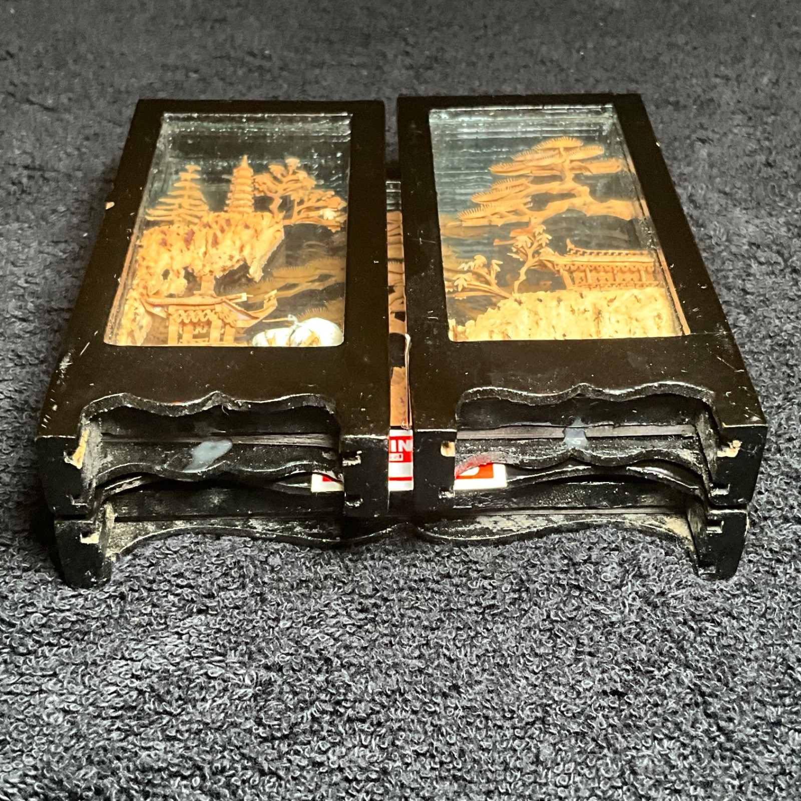 2x-VTG SAN YOU Tri-Fold Oriental Hand Carved Cork Pagoda Diorama w Cranes