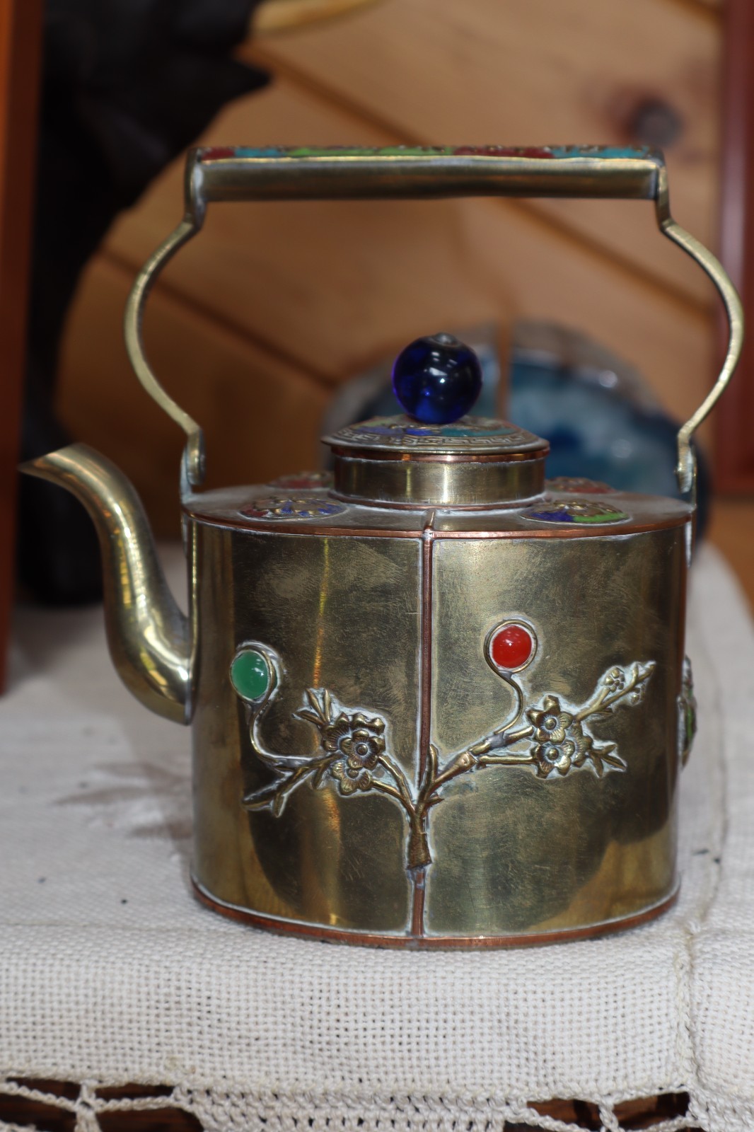 Brass Copper Ornate Tea Pot w/ Blue Glass Knob & Colored Stones – Marked China