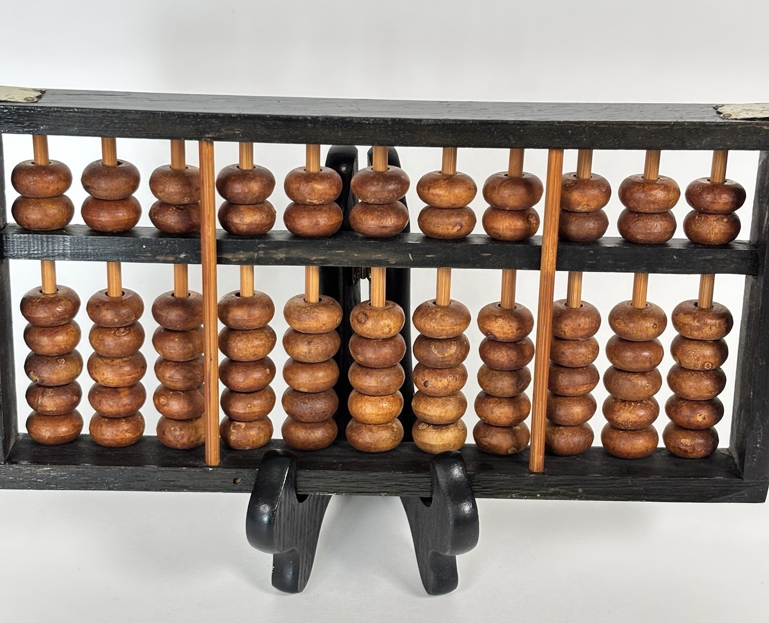 Vintage Wood Abacus 11 Rods 77 Wooden Beads Brass Corners Asian Calculator