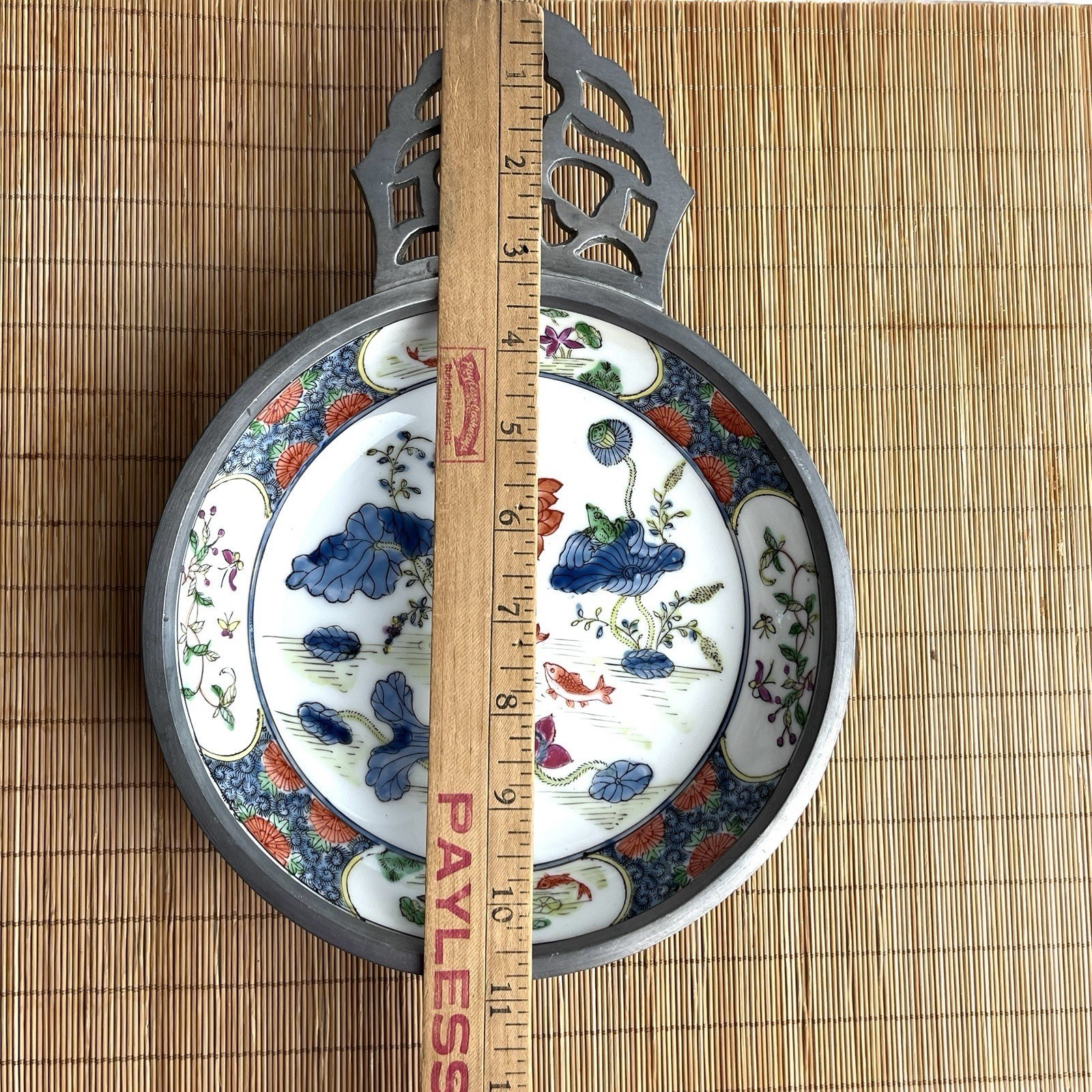 Vintage Canton Ware Ashtray Bowl Hong Kong Japan 8″ diameter Porcelain Pewter