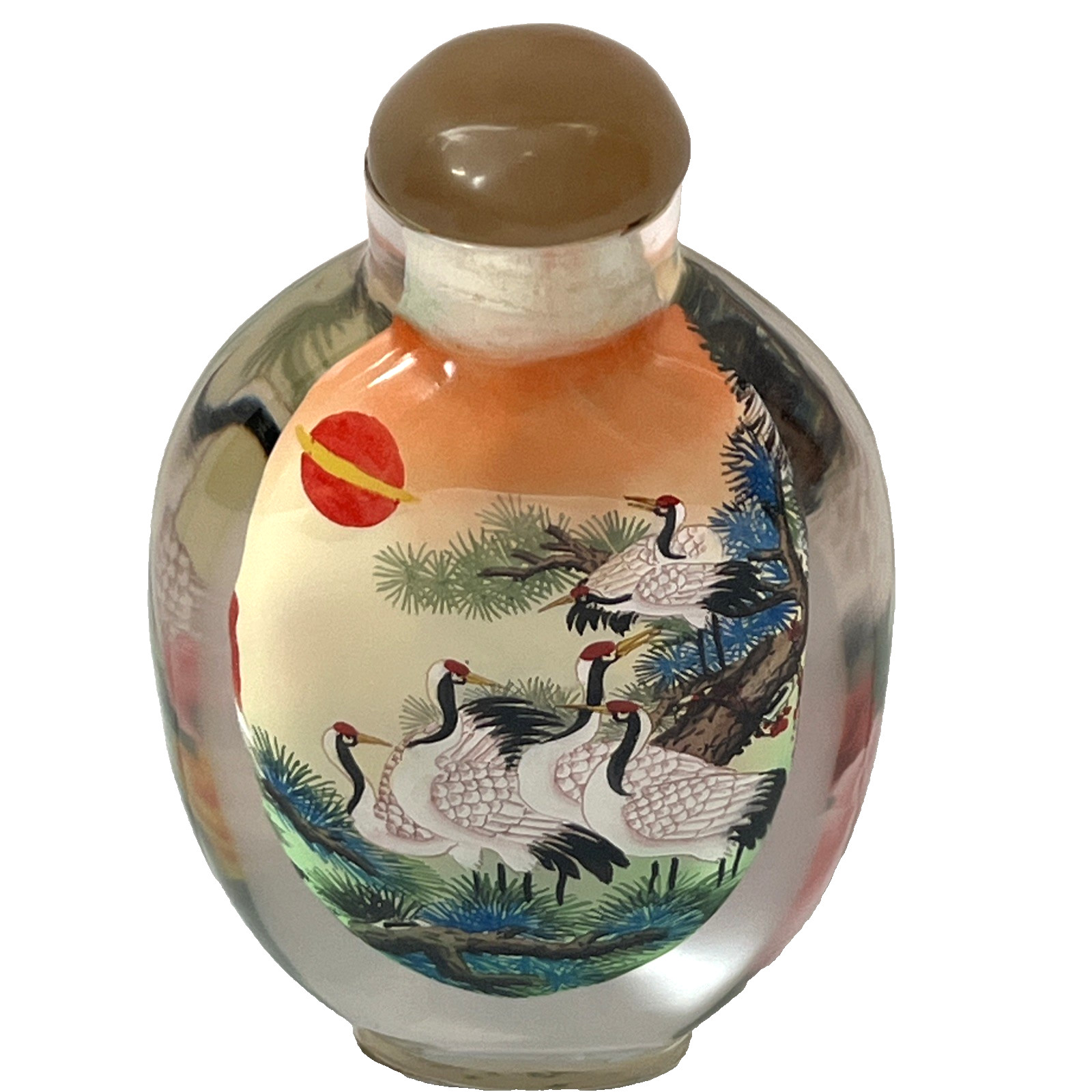 Vintage Chinese Reverse Painted Glass Snuff Bottle Crane Peony Pine Tree