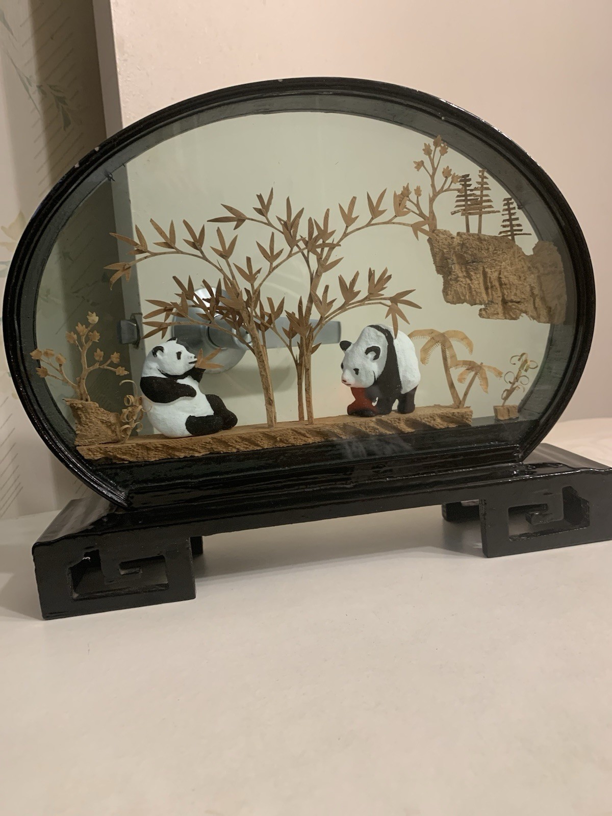 Panda Bear Vintage Collectible San You cork carve Art 3D Diorama in glass frame