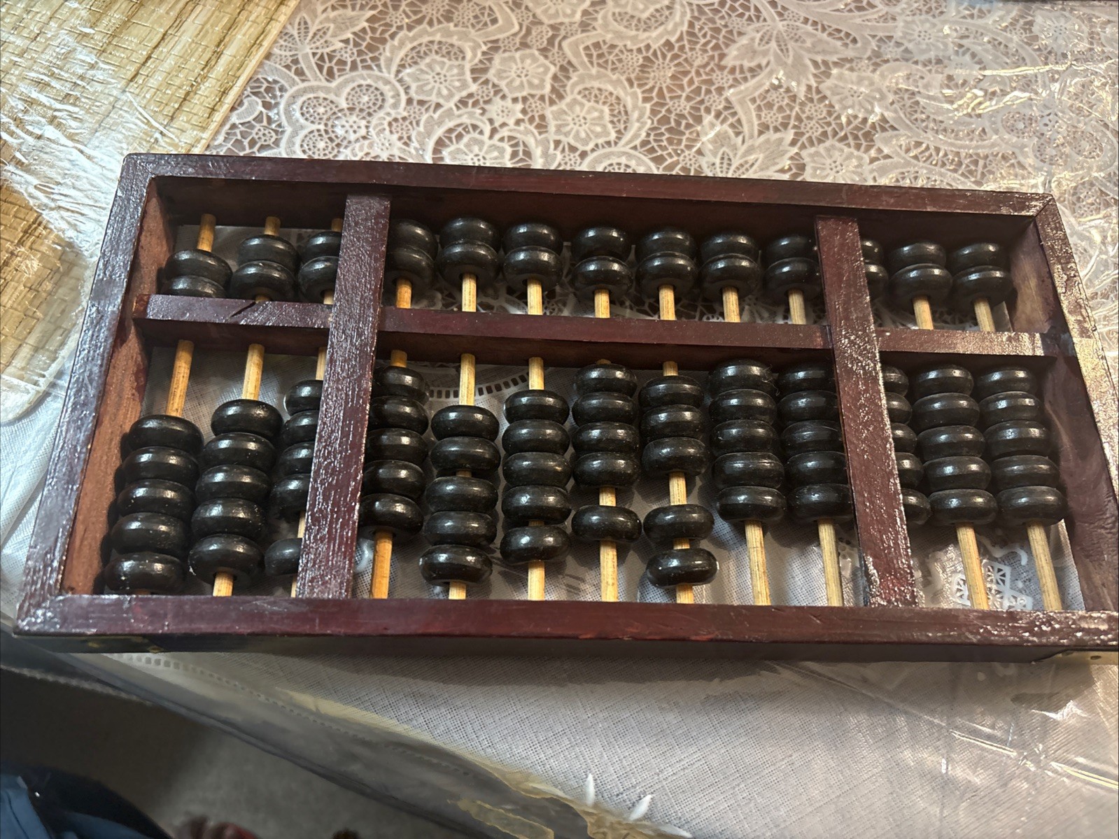 Vintage Chinese Abacus 13 Row 91 Bead Wood & Brass Calculator Peony Trademark