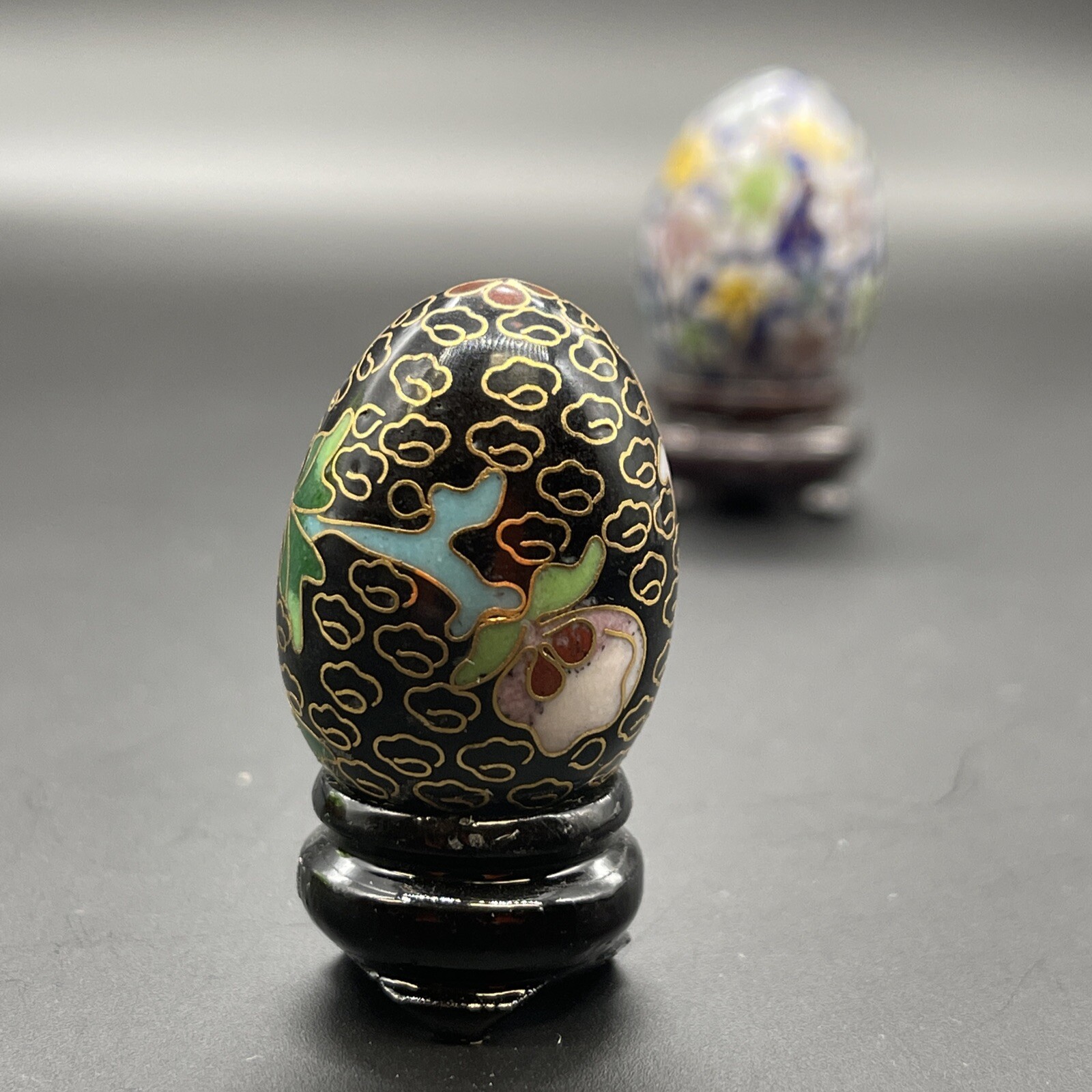 Cloisonné Eggs & Wooden Stands Floral Multicolor & Gold Design Small