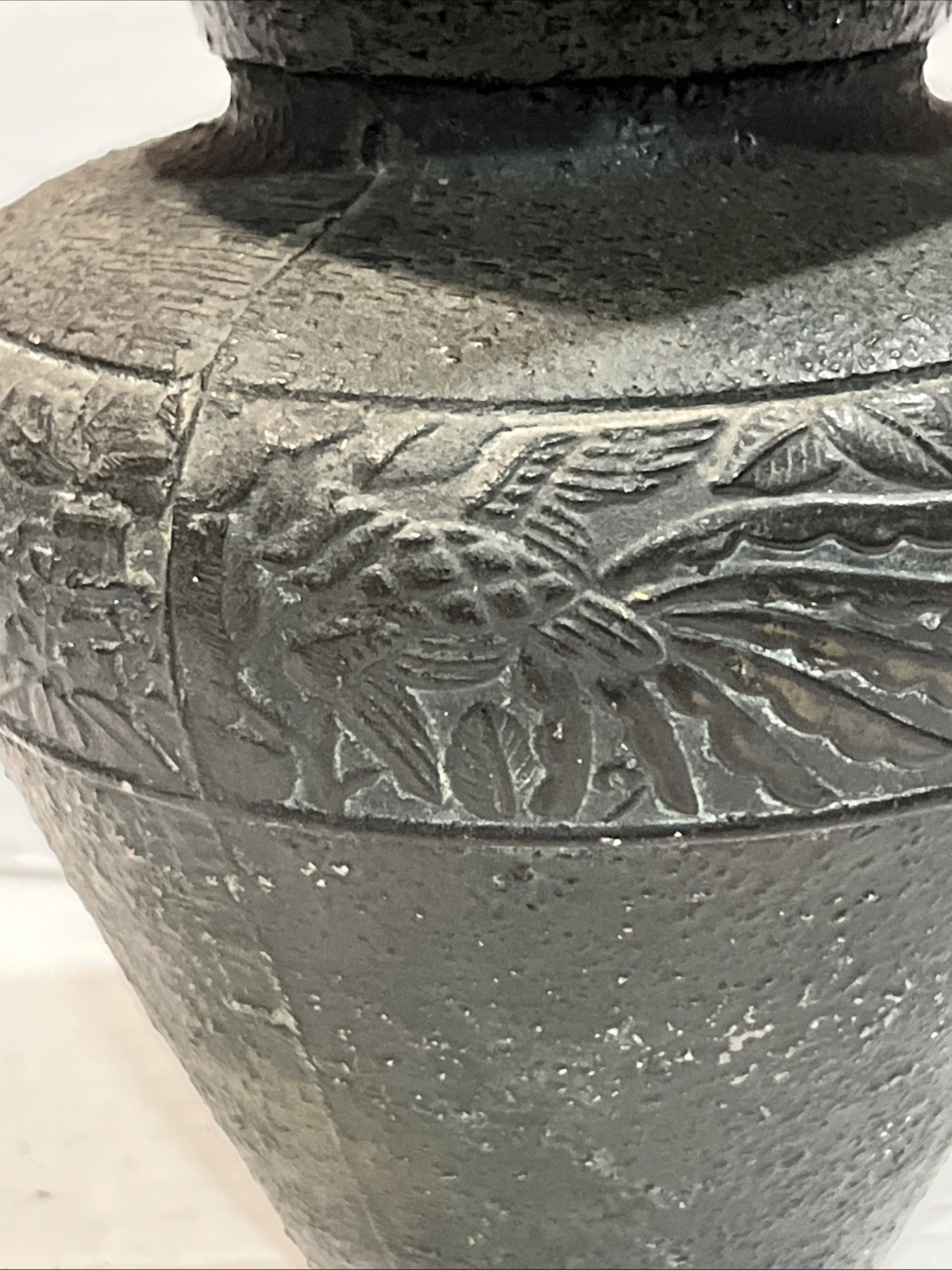 Chinese Stone Cast Vase Metal Decorated Design Iron? Asian Flowers Motif