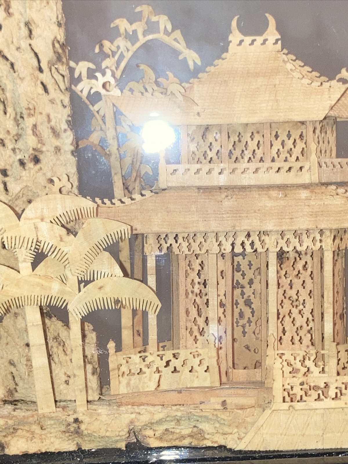 VINTAGE CHINESE SAN YOU DIORAMA CORK CARVING GLASS CASE PAGODA TREES & CRANES