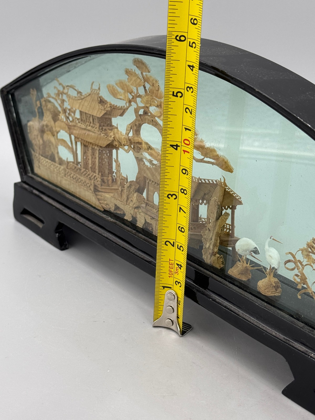 Vintage Chinese Fuzhou Cork Diorama Fan Shaped Black Lacquer Frame Pagoda 14”