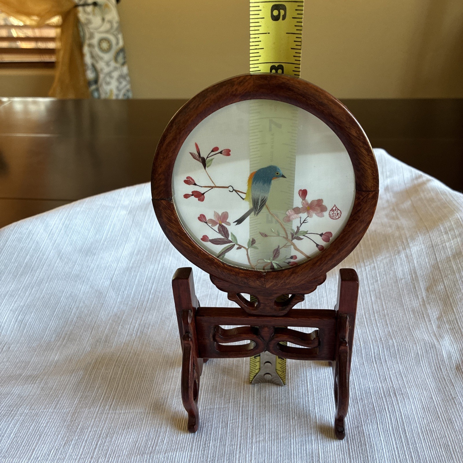 VNTG Chinese Silk Double Sided Embroidery Songbird Round Table Screen Wood/4.5”