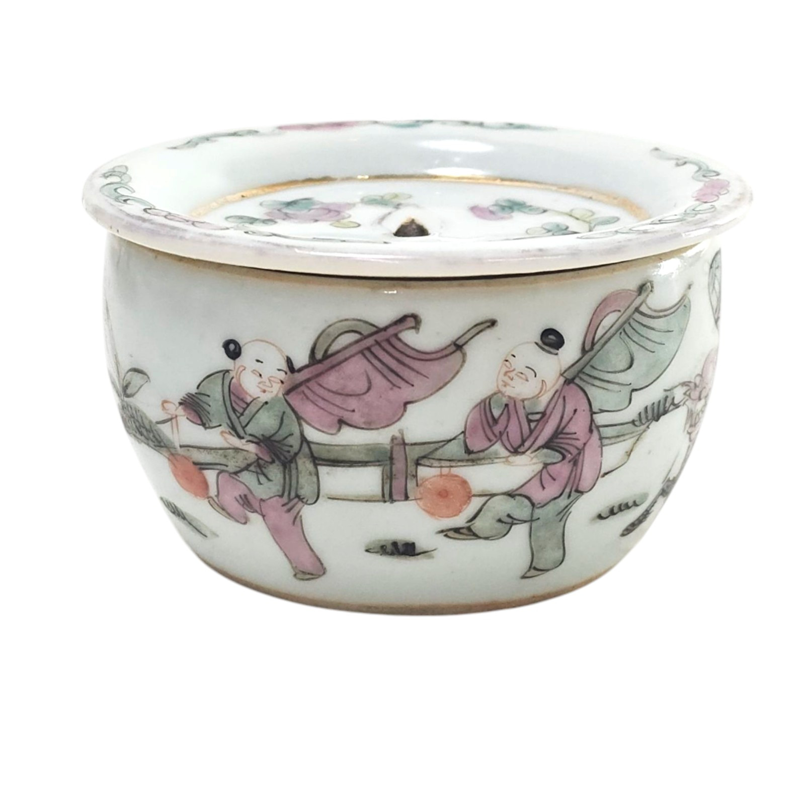 Chinese Qing Famille Rose Cricket Pot 3.5” Porcelain Personage Scene Antique