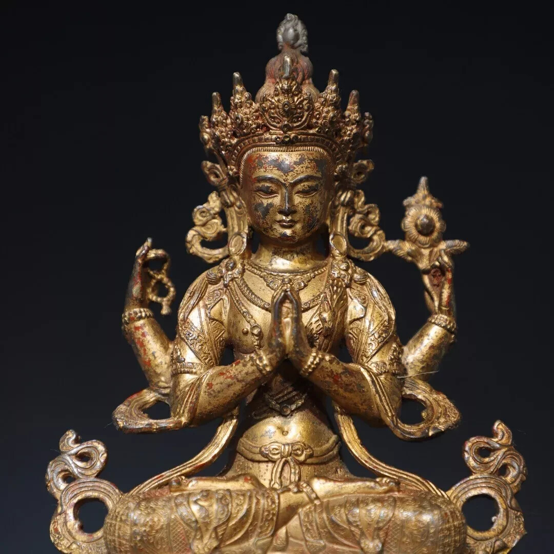 Fengshui old chinese copper Bronze mud gold [Four armed Guanyin] Buddha statue