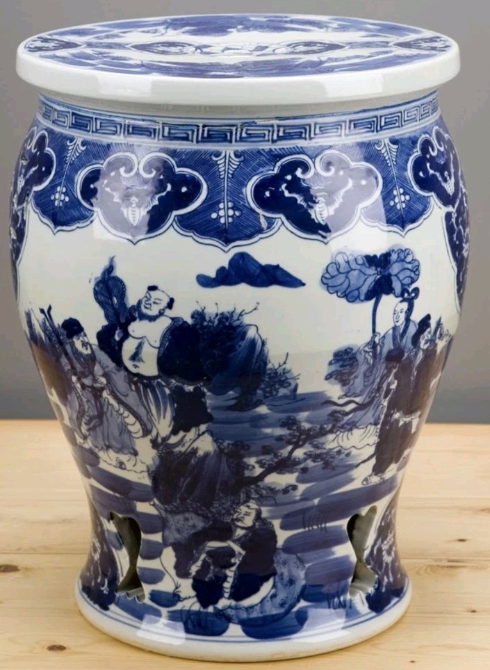 GARDEN STOOL BLUE AND WHITE CHINOISERIE STAND-15″ x 19″ H