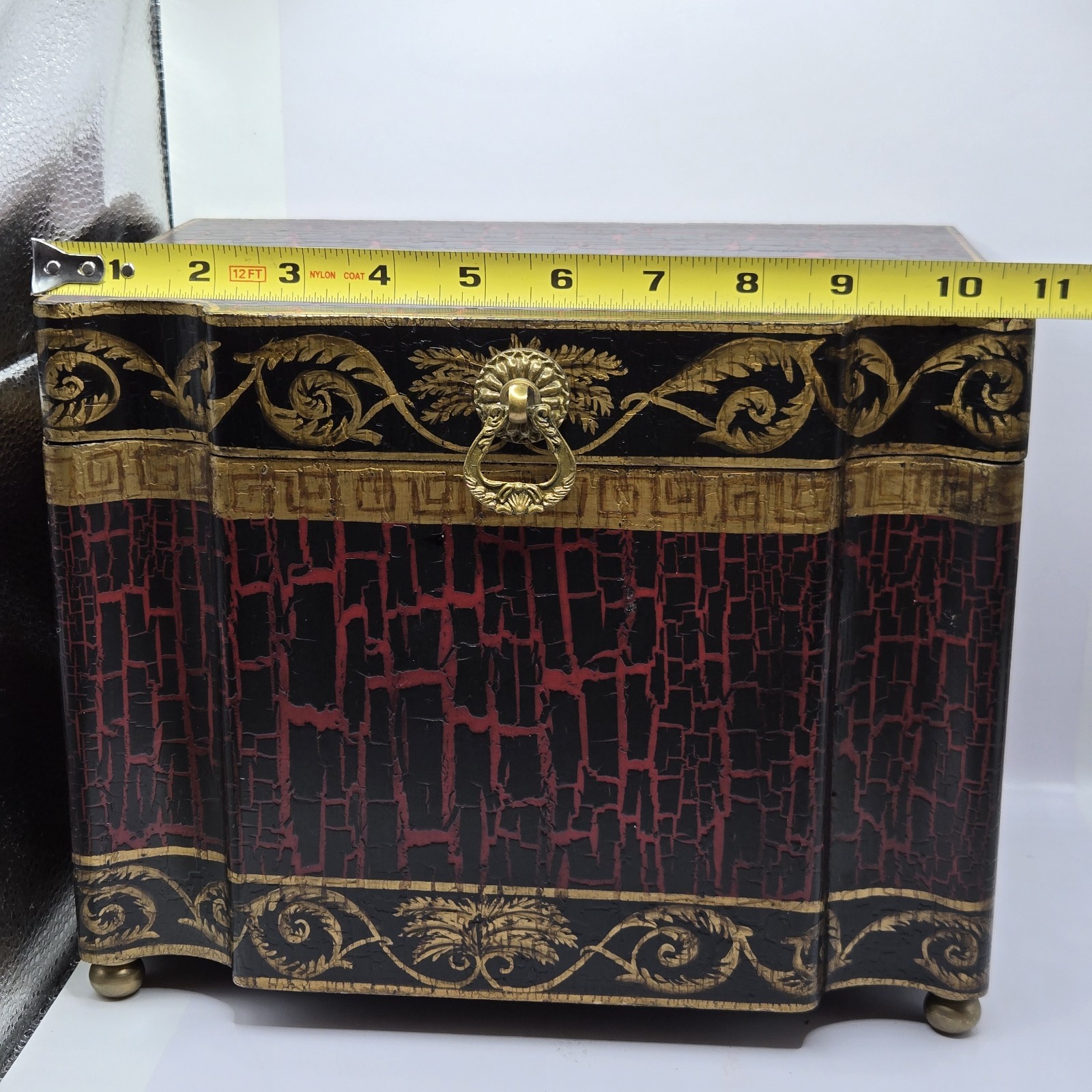 Vintage Large Asian Wood Pagoda Top Jewelry Box Storage, Brass Feet. 11×8×8.5″