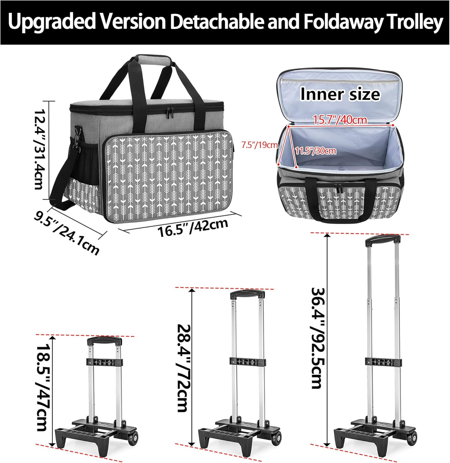 Rolling Craft Bag on Wheels, Women Craft Scrapbook Tote Bag with Detachable Trol