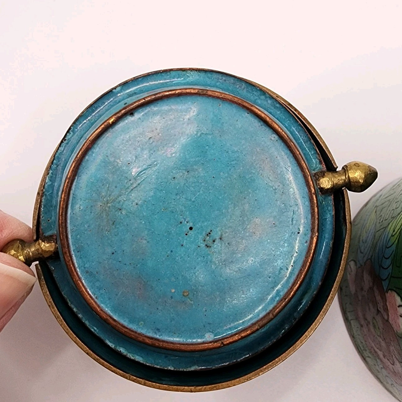 Vtg Green Chinese Lidded Cigarette Matches Ashtray Cloisonné Set Blue Enamel