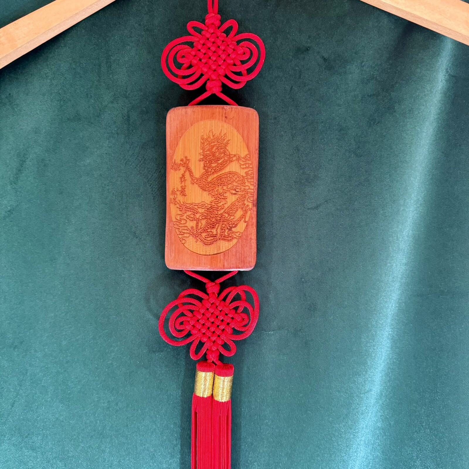 Chinese Hanging Art With dragon Wood & Red Tassel 31” Long Oriental