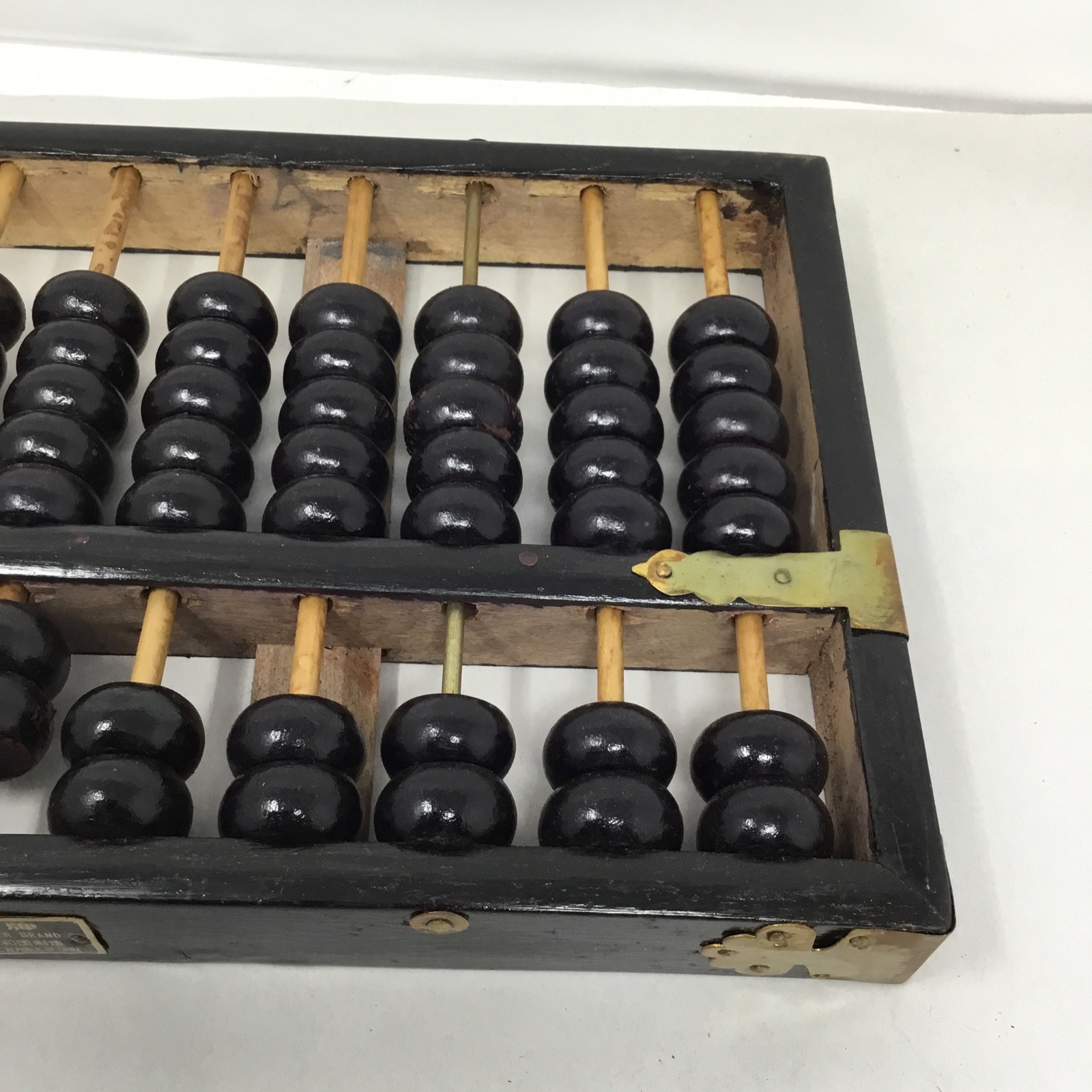 Vintage Chinese Abacus Wood & Brass Lotus Flower Brand Calculator 11 Row 77 Bead