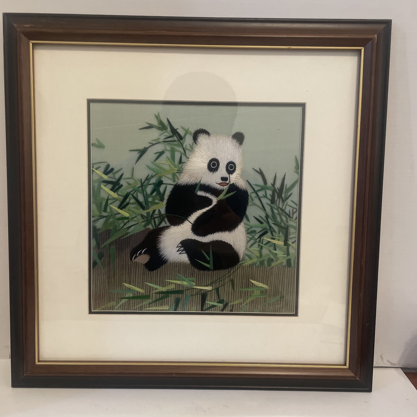 Vintage Chinese Embroidered Silk 100% Handmade Panda Wall Art in 13.5” X 13.5”