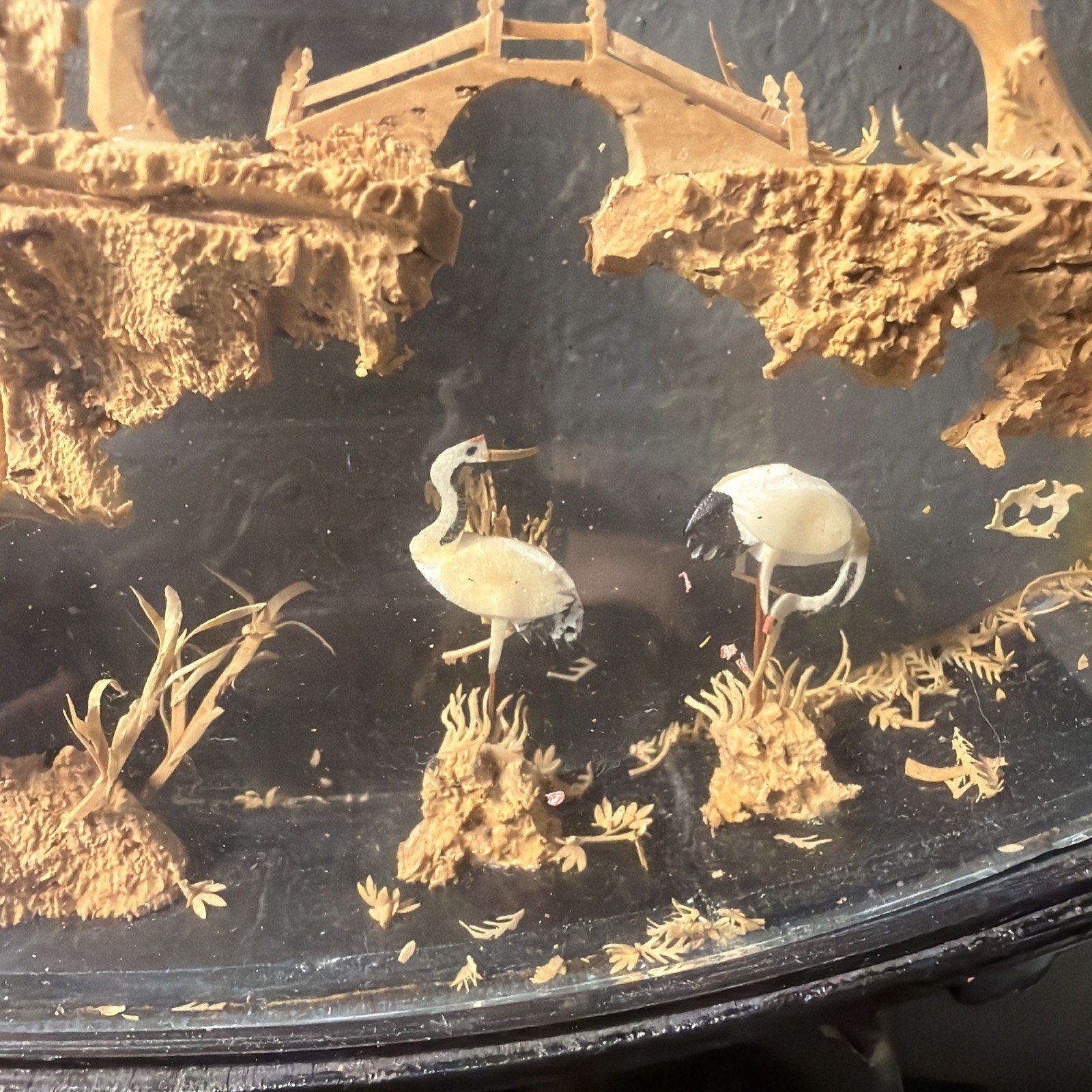 VTG Chinese Hand Carved Cork Diorama Shadow Box Asian Art Pagoda Cranes Trees