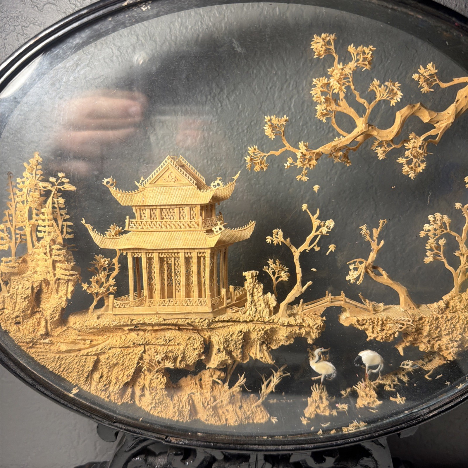 VTG Chinese Hand Carved Cork Diorama Shadow Box Asian Art Pagoda Cranes Trees