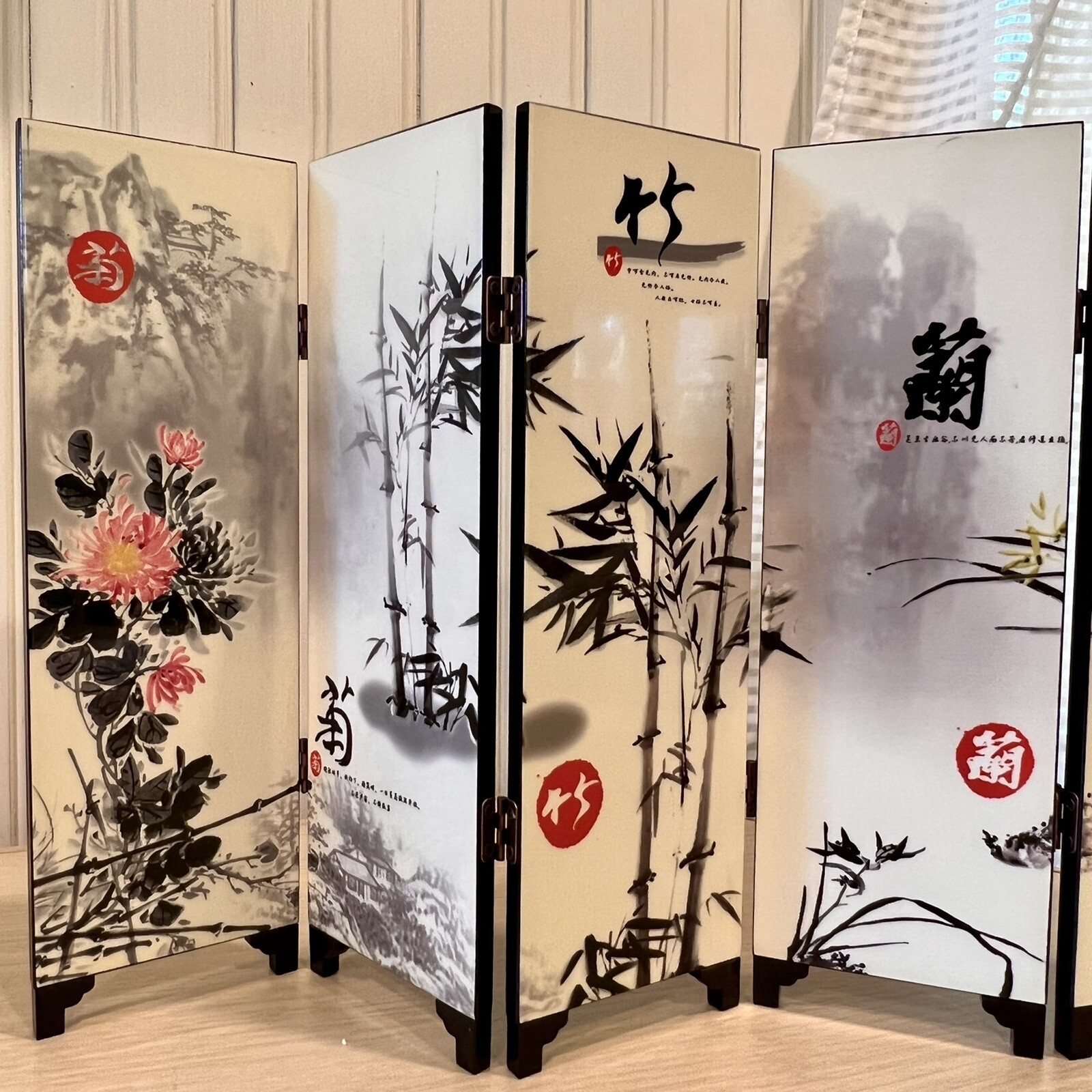 MINI ASIAN ORIENTAL 6 PANEL 9.5”TABLETOP ROOM DIVIDER LACQUERED Gift Boxed