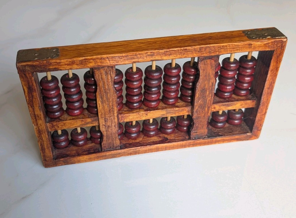 Vintage Chinese Red Lion Abacus Wuhan China Wood Brass Accent 77 Beads 8.5″x4.5″