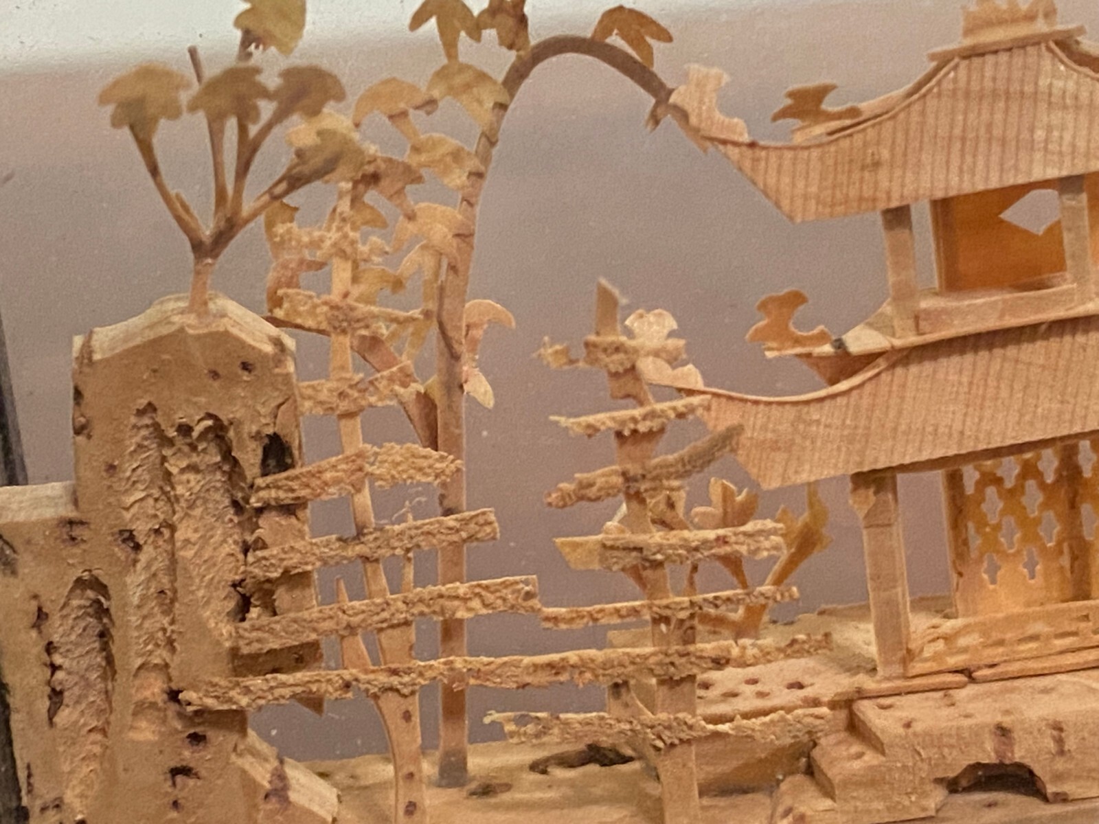 Vintage Chinese Hand Carved Cork Art w/ Storks & Pagoda 3D Diorama